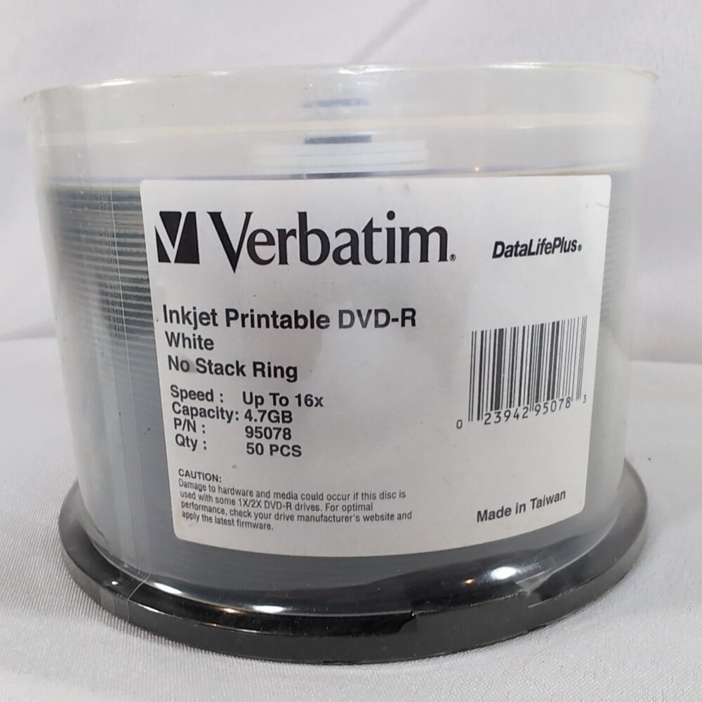 Verbatim Inkjet Printable DVD-R White No Stack Ring 50 Pcs 16x 4.7GB 95078 NEW